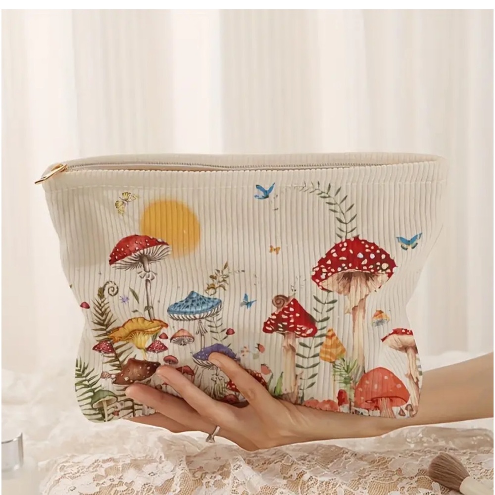 Large Mushroom Print Corduroy Cosmetic Bag
